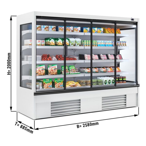 Vitrine réfrigérée murale - 2580mm - 1408 litres - avec éclairage LED, portes vitrées isolées & 4 étagères