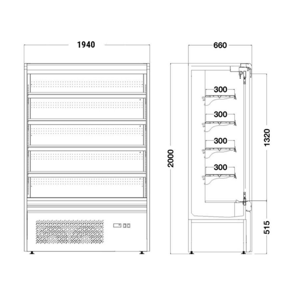 Vitrine réfrigérée murale - 1940mm - 720 litres - avec éclairage LED, portes vitrées & 4 étagères