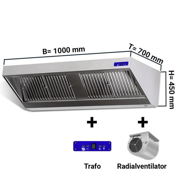 Hotte murale - 1000mm - avec moteur, régulateur, filtre & lampe