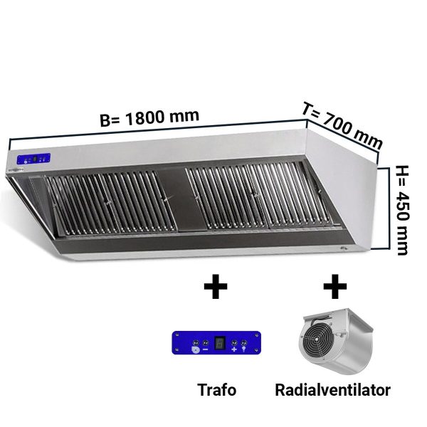 Hotte murale - 1800mm - avec moteur, régulateur, filtre & lampe