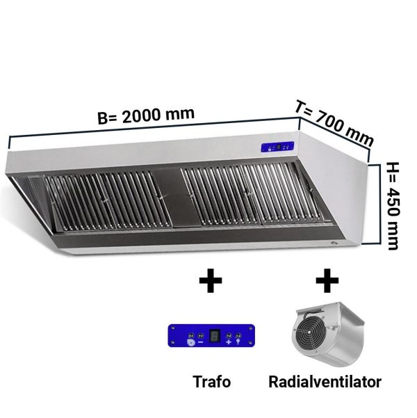 Hotte murale - 2000mm - avec moteur, régulateur, filtre & lampe