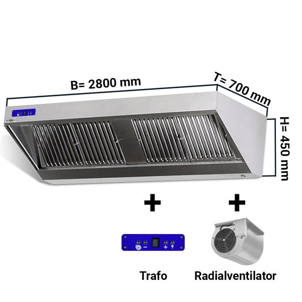 Hotte murale - 2800mm - avec moteur, régulateur, filtre & lampe