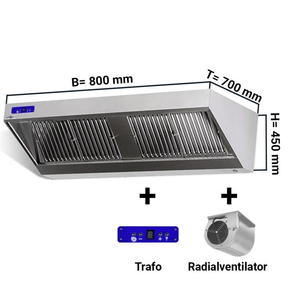 Hotte murale - 800mm - avec moteur, régulateur, filtre & lampe