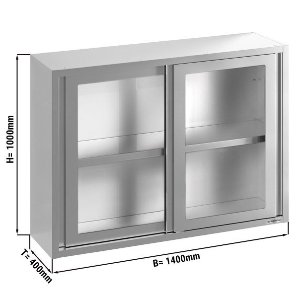 Armoire murale en inox - 1400x400mm - avec porte coulissante en verre - hauteur 1000mm