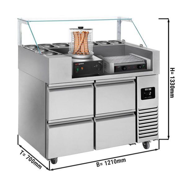 Table de préparation - 1210mm - pour 9x GN 1/6 - 4 tiroirs - incl. grill & chauffe-saucisses