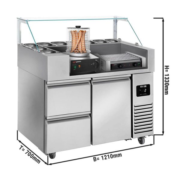 Table de préparation - 1210mm - pour 9x GN 1/6 - 1 porte & 2 tiroirs - incl. grill & chauffe-saucisses