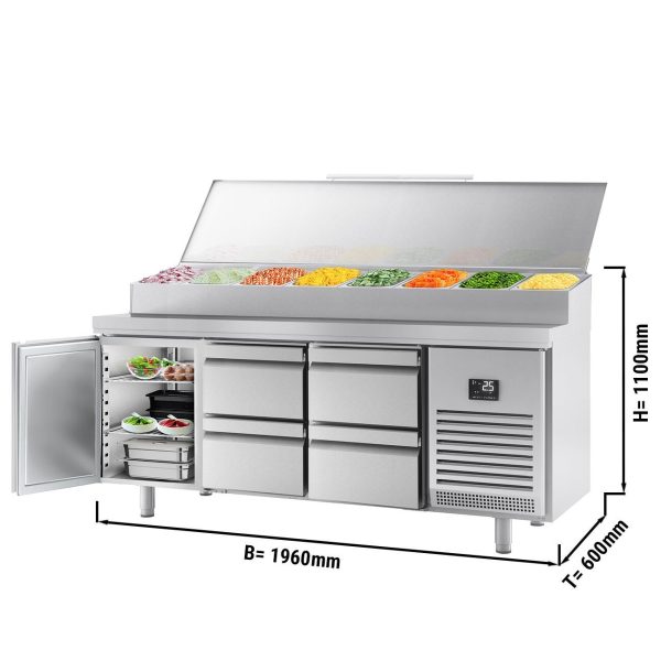 Table réfrigérée de préparation - 1960x600mm - avec 1 porte & 4 tiroirs - Rehausse inox 11x GN 1/4