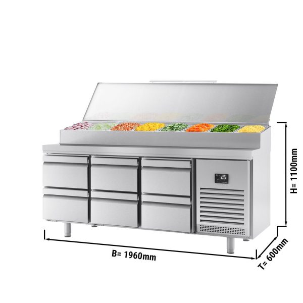 Table réfrigérée de préparation - 1960x600mm - avec 6 tiroirs - Rehausse inox 11x GN 1/4