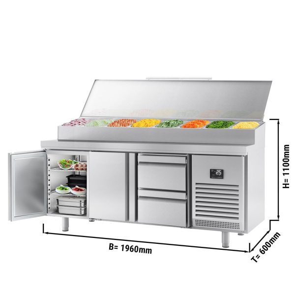 Table réfrigérée de préparation - 1960x600mm - avec 2 portes & 2 tiroirs - Rehausse inox 11x GN 1/4