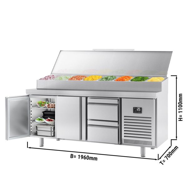 Table réfrigérée de préparation - 1960x700mm - avec 2 portes & 2 tiroirs - dessus inox 1x GN 1/2 & 9x GN 1/3