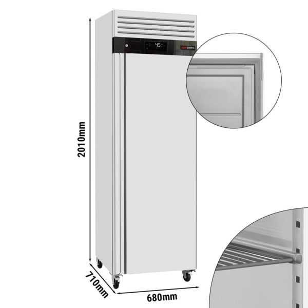 Réfrigérateur en acier inoxydable avec dimensions.