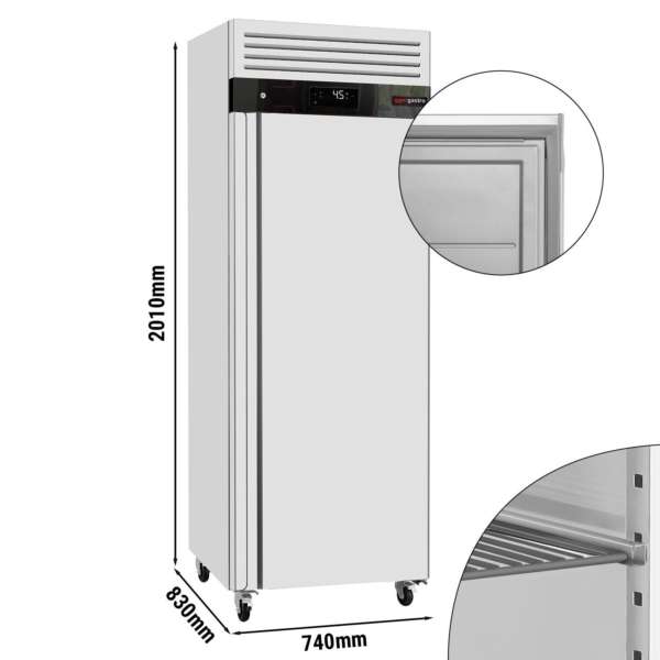 Réfrigérateur commercial en acier inoxydable avec mesures.