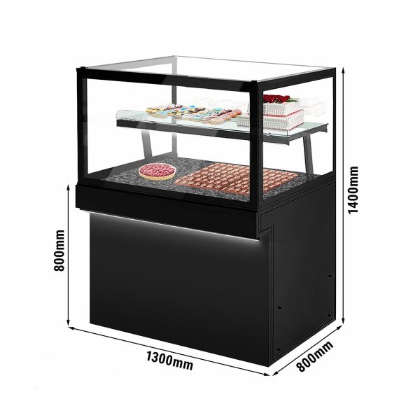 Comptoir à gâteaux TORONTO - 1300 mm - façade noire - avec éclairage LED et 2 étagères