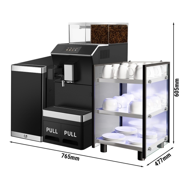 Machine à café avec espace de rangement pour tasses.