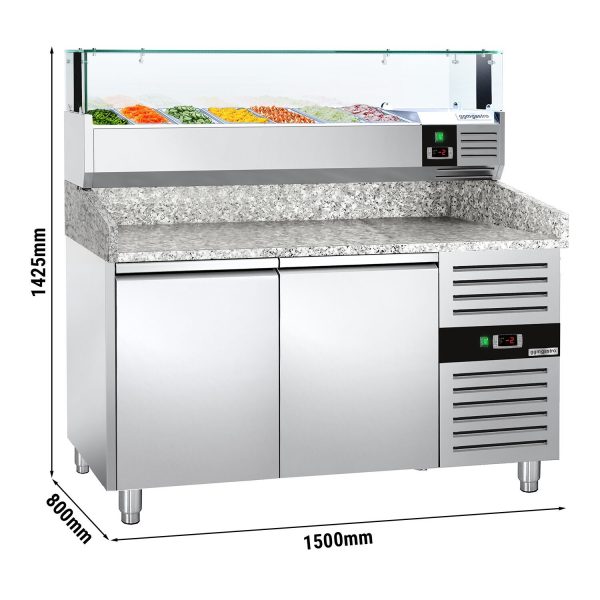 Table réfrigérée pour pizza PREMIUM - 1500x800mm - avec 2 portes - incl. vitrine réfrigérée LED - 7x GN 1/4