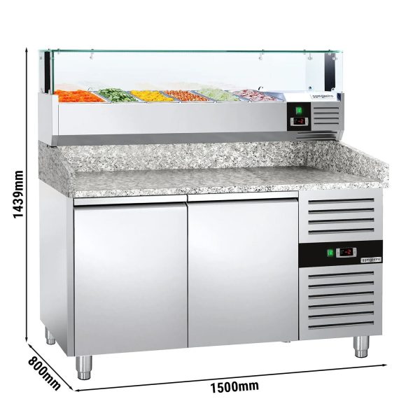 Table réfrigérée pour pizza PREMIUM - 1500x800mm - avec 2 portes - vitrine réfrigérée LED incluse - 5x GN 1/3 + 1x GN 1/2