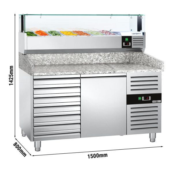 Table réfrigérée pour pizza PREMIUM - 1500x800mm - avec 1 porte & 7 tiroirs - incl. vitrine réfrigérée LED - 7x GN 1/4