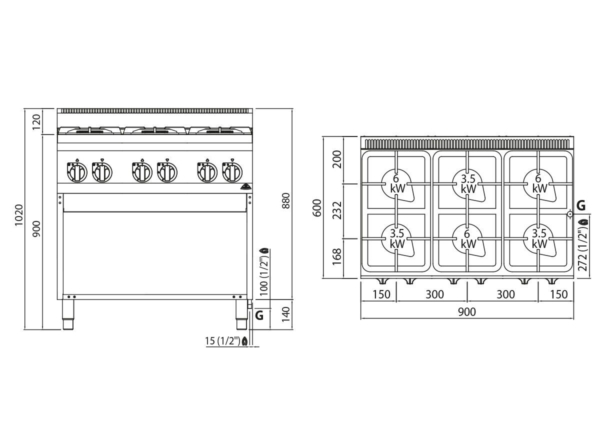 Cuisinière à gaz - 28,5 kW - 6 Brûleurs