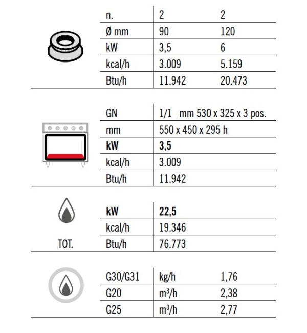 Cuisinière à gaz - 19 kW - 4 brûleurs - Four à gaz inclus - 3,5 kW