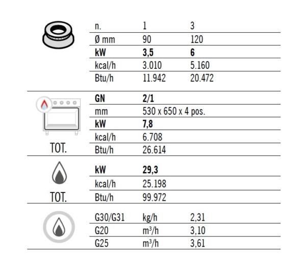 Cuisinière à gaz - 21,5 kW - 4 brûleurs - four à gaz inclus - 7,8 kW