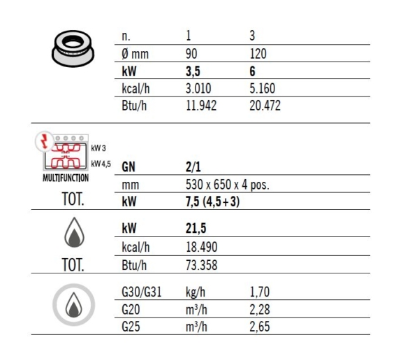 Cuisinière à gaz - 21,5 kW - 4 brûleurs - four électrique statique inclus - 7,5 kW