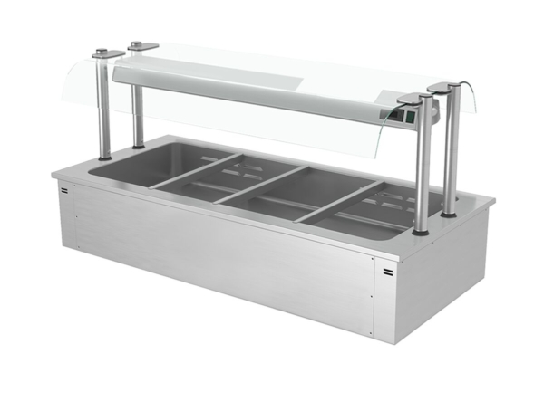 Bain-marie encastrable - 1,5m - 4x GN 1/1 - avec pare-haleine en verre