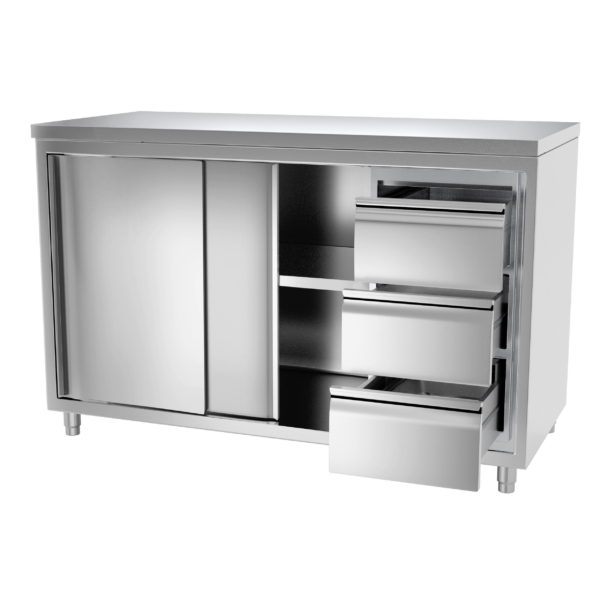 Armoire de travail inox PREMIUM - 1400x600mm - avec 3 tiroirs à gauche sans rebord