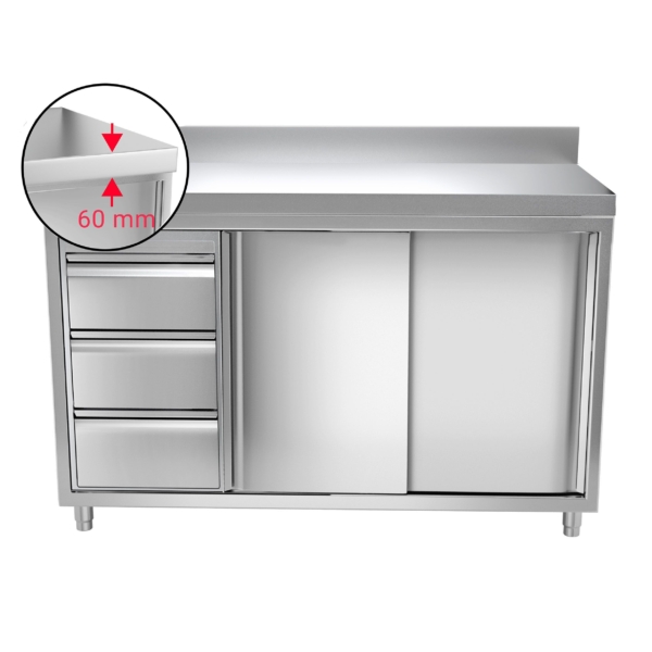 Armoire de travail en inox PREMIUM - 1400x700mm - avec 3 tiroirs à gauche & rebord