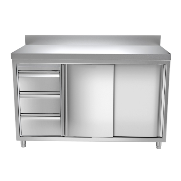 Armoire de travail en inox PREMIUM - 1400x700mm - avec 3 tiroirs à gauche & rebord