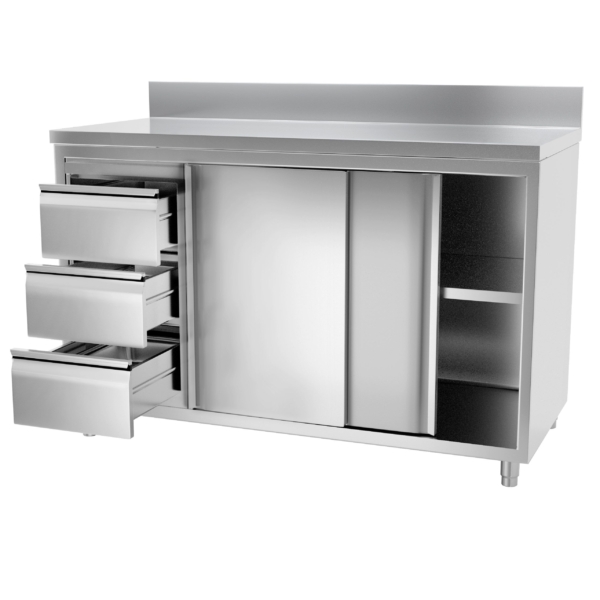 Armoire de travail inox PREMIUM - 1400x600mm - avec 3 tiroirs à gauche & rebord