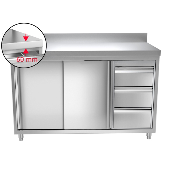 Armoire de travail inox PREMIUM - 1400x700mm - avec 3 tiroirs à droite & rebord