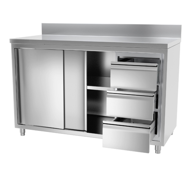 Armoire de travail inox PREMIUM - 1400x600mm - avec 3 tiroirs à droite & rebord