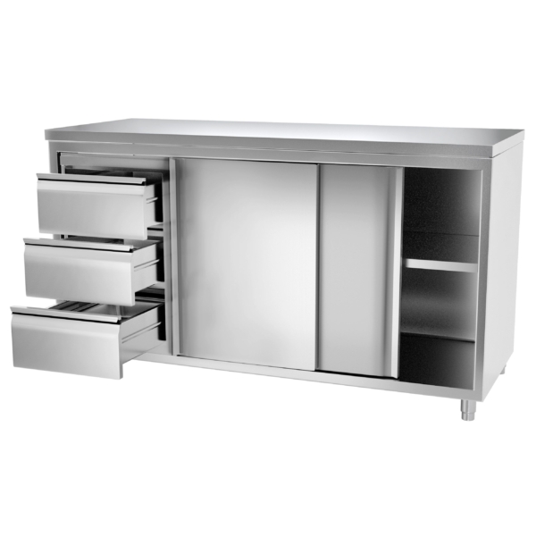 Armoire de travail inox PREMIUM - 1600x600mm - avec 3 tiroirs à gauche sans rebord