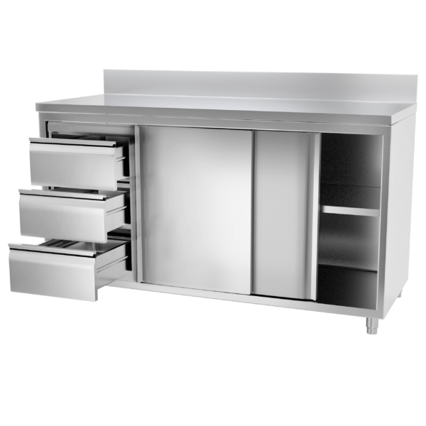 Armoire de travail en inox PREMIUM - 1600x600mm - avec 3 tiroirs à gauche & rebord