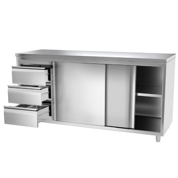 Armoire de travail inox PREMIUM - 2000x600mm - avec 3 tiroirs à gauche sans rebord