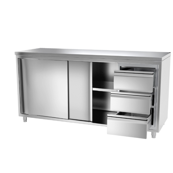 Armoire de travail en inox PREMIUM - 2000x600mm - avec 3 tiroirs à droite sans rebord