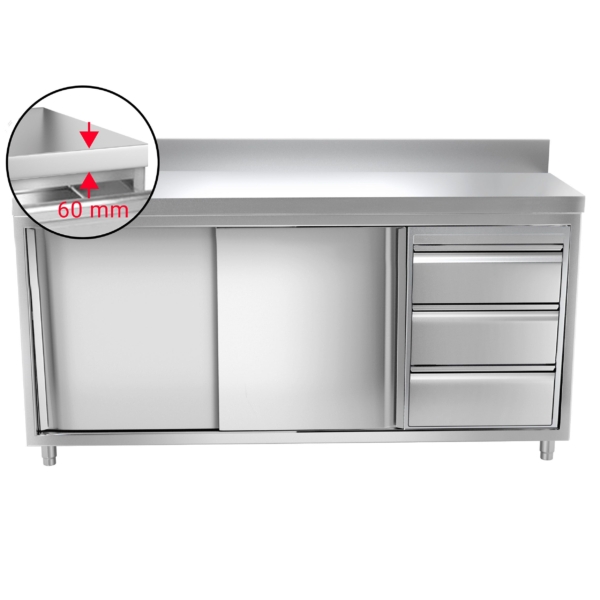 Armoire de travail en inox PREMIUM - 1800x700mm - avec 3 tiroirs à droite & rebord