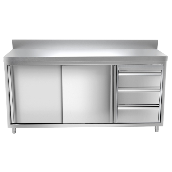 Armoire de travail en inox PREMIUM - 1800x600mm - avec 3 tiroirs à droite & rebord