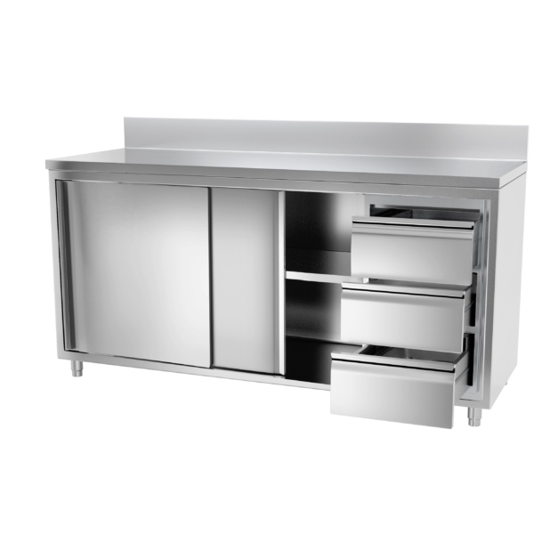 Armoire de travail en inox PREMIUM - 2000x600mm - avec 3 tiroirs à droite & rebord