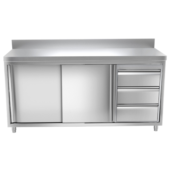 Armoire de travail en inox PREMIUM - 2000x600mm - avec 3 tiroirs à droite & rebord