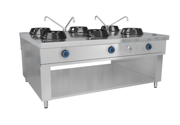 Cuisinière wok à gaz - 84 kW - 6 zones de cuisson - 2 mini-colonnes d'eau incluses