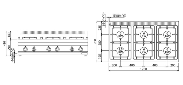 Cuisinière à gaz - 36 kW - 6 Brûleurs - Incl. Soubassement avec 3 portes