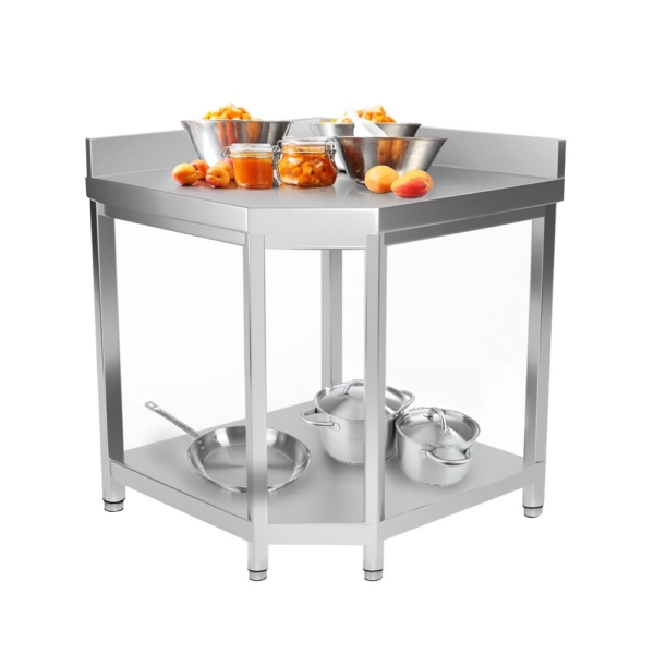 Table de travail d'angle en inox PREMIUM - 1150x800mm - avec fond de base & rebord