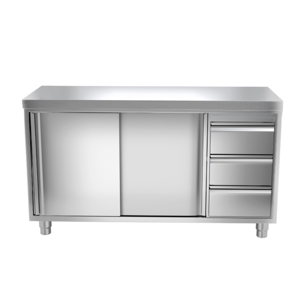 Armoire de travail inox PREMIUM - 1400x700mm - avec 3 tiroirs à gauche sans rebord