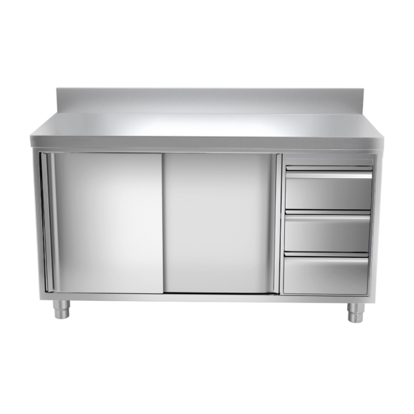 Armoire de travail inox PREMIUM - 1400x600mm - avec 3 tiroirs à droite & rebord