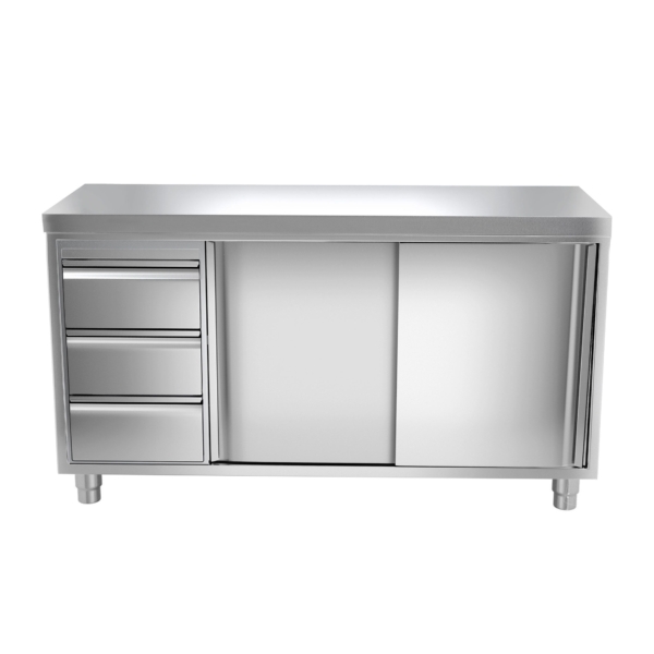 Armoire de travail inox PREMIUM - 1600x700mm - avec 3 tiroirs à gauche sans rebord