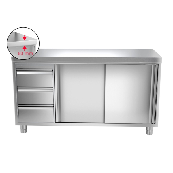 Armoire de travail inox PREMIUM - 1600x700mm - avec 3 tiroirs à gauche sans rebord