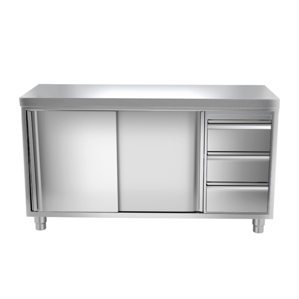 Armoire de travail inox PREMIUM - 1600x700mm - avec 3 tiroirs à droite sans rebord