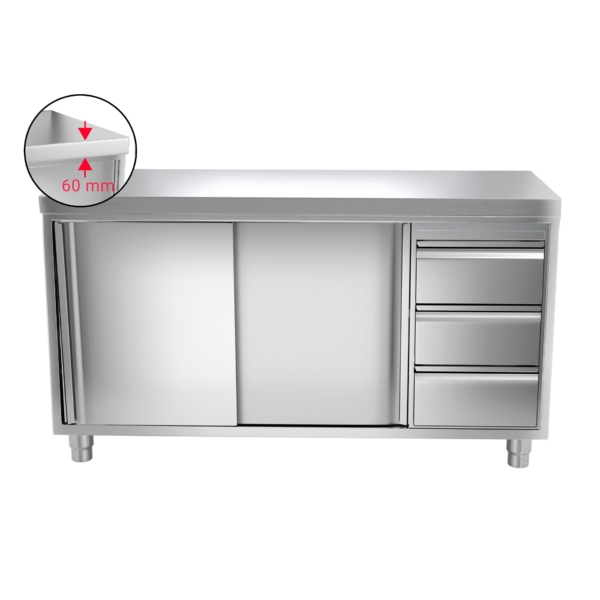 Armoire de travail inox PREMIUM - 1600x700mm - avec 3 tiroirs à droite sans rebord