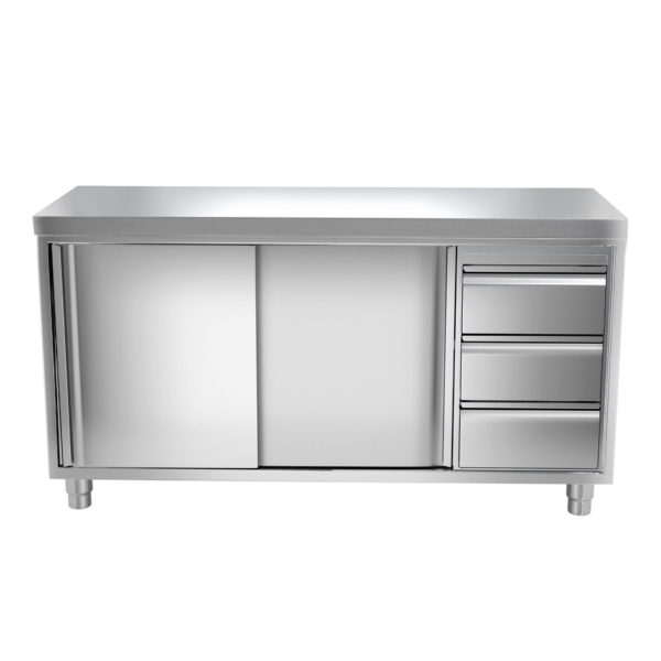 Armoire de travail inox PREMIUM - 1800x700mm - avec 3 tiroirs à droite sans rebord